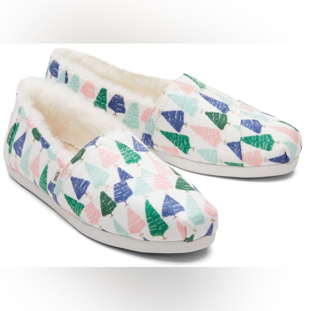 New in box Toms Alpargata Paper Source with Faux Fur white trees